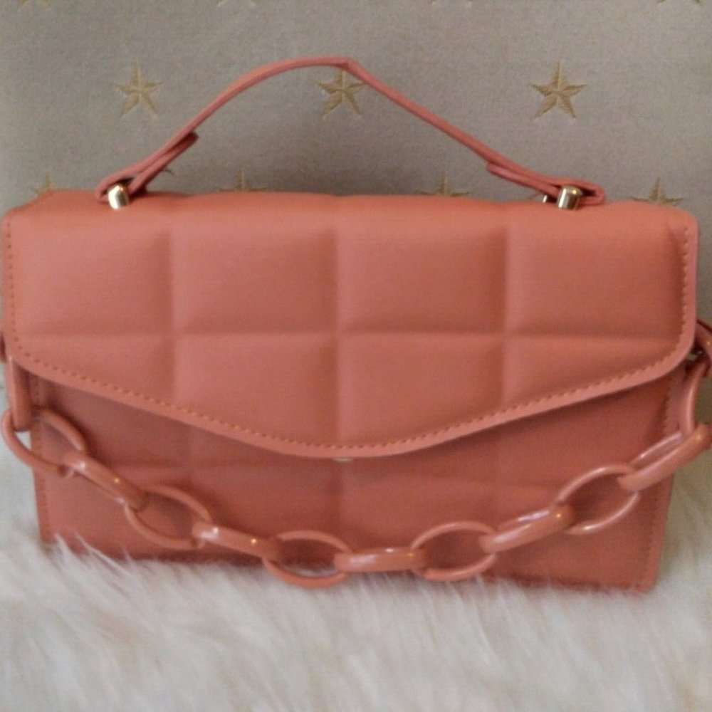 Orange Faux Leather Mini Bag Satchel Shoulder Bag Handbag Purse Chain Accent